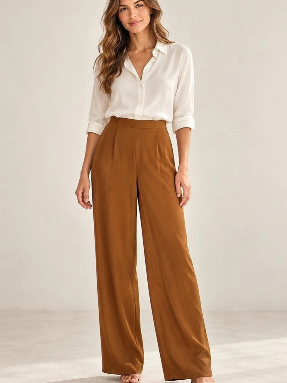 Soft Surroundings Caramel Brown Satin Wide Leg Pants Petite Medium